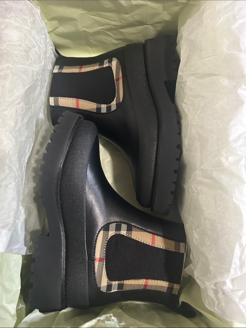 Burberry Black Chelsea Booties with Iconic Beige Check Trim